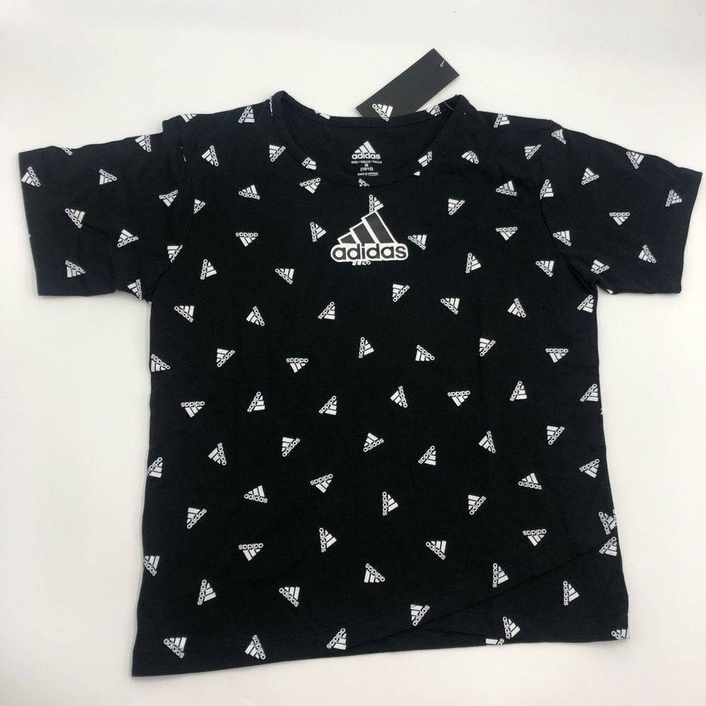 Brand New Adidas Black & White Logo Tulip-Hem Tshirt For Girls Size Medium 10/12